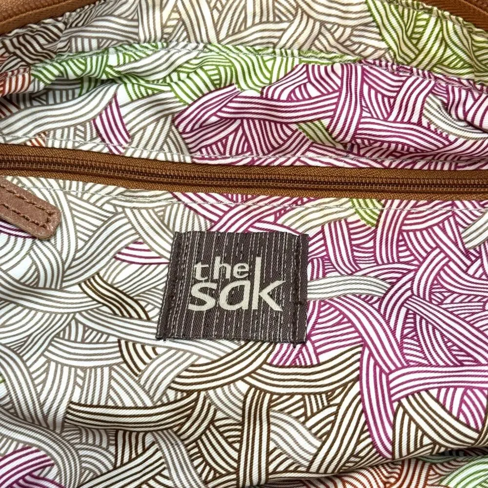 The Sak Indio Leather Boho Hobo Shoulder Bag Patchwork Satchel Woven Peach EUC
